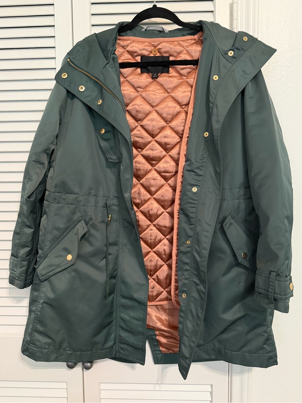 J Crew Green Satin Hooded Parka Coat w/removable Quilted Lining Small - Picture 1 of 11